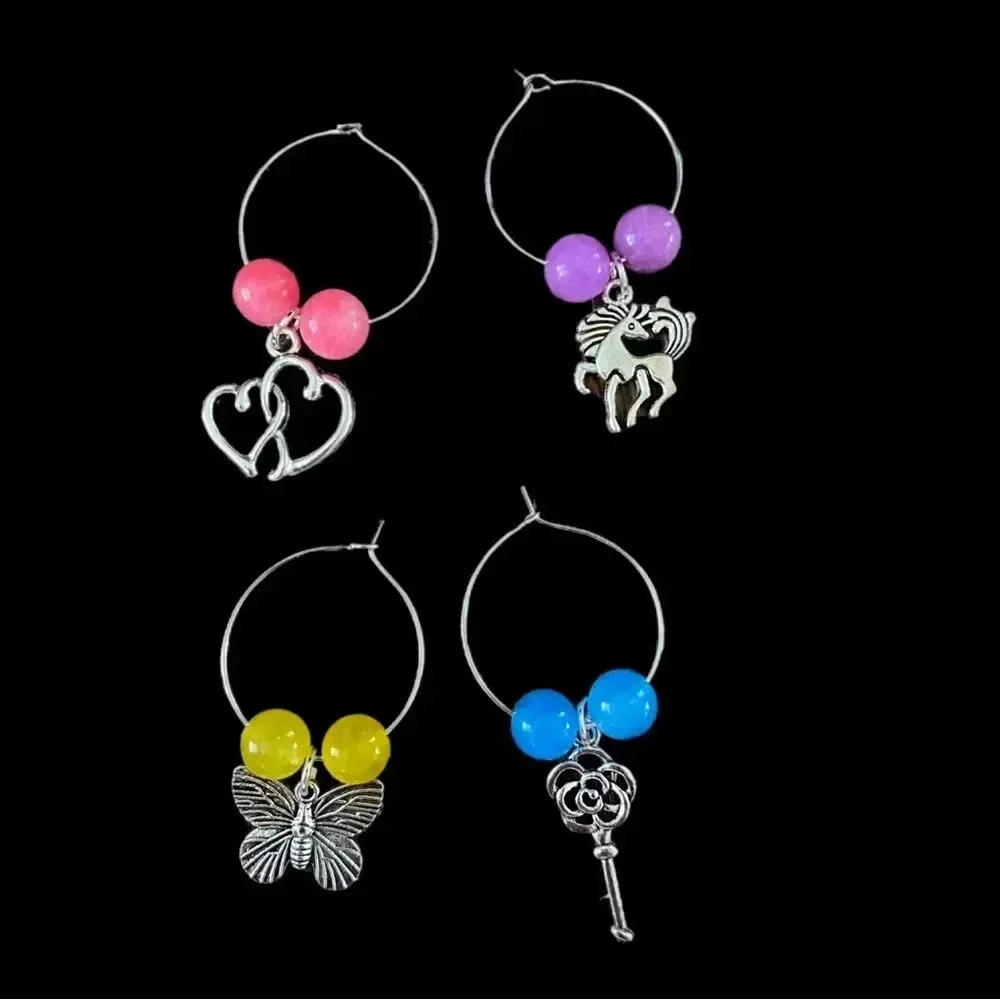 Set Of 4 Wine Glass Charm Rings Silver Gemstone Bead Unicorn Butterfly Key Heart